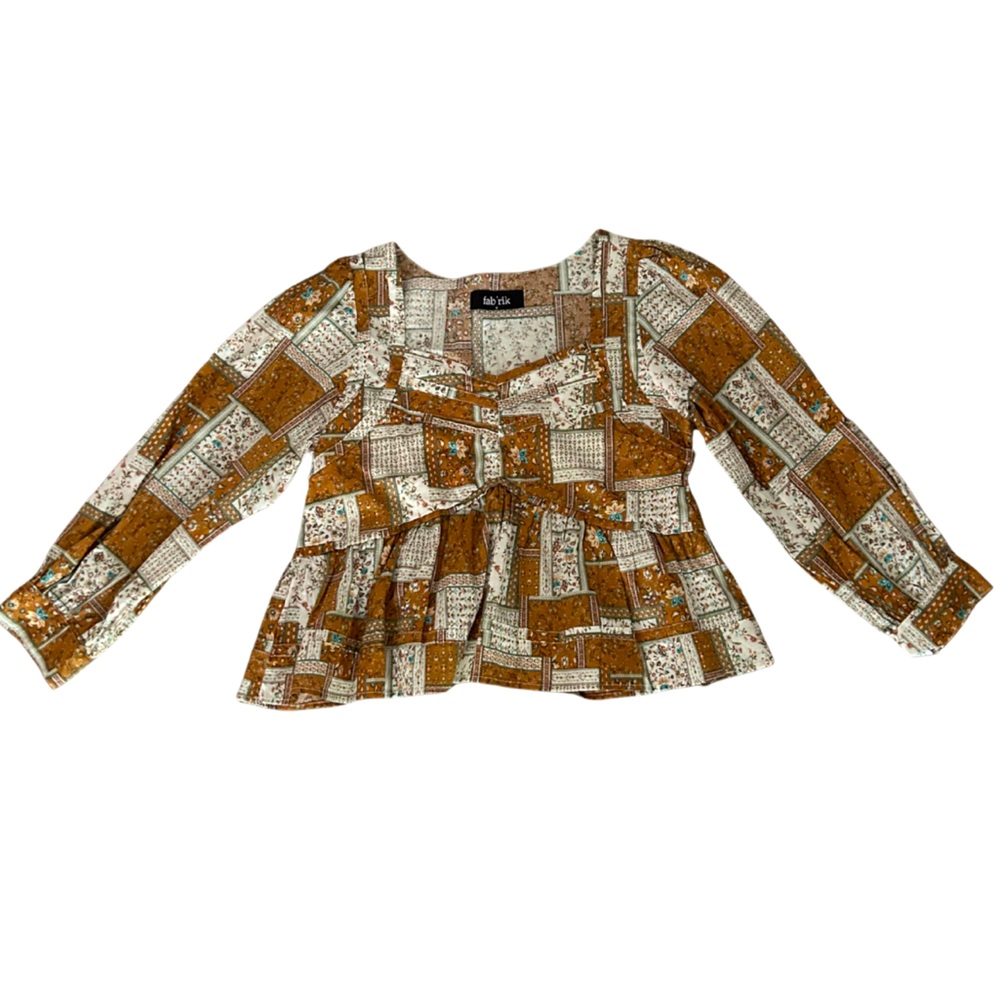 fab’rik Vneck Patchwork Floral Ruffle Hem Blouse | Mustard/White | Size S | NWOT
